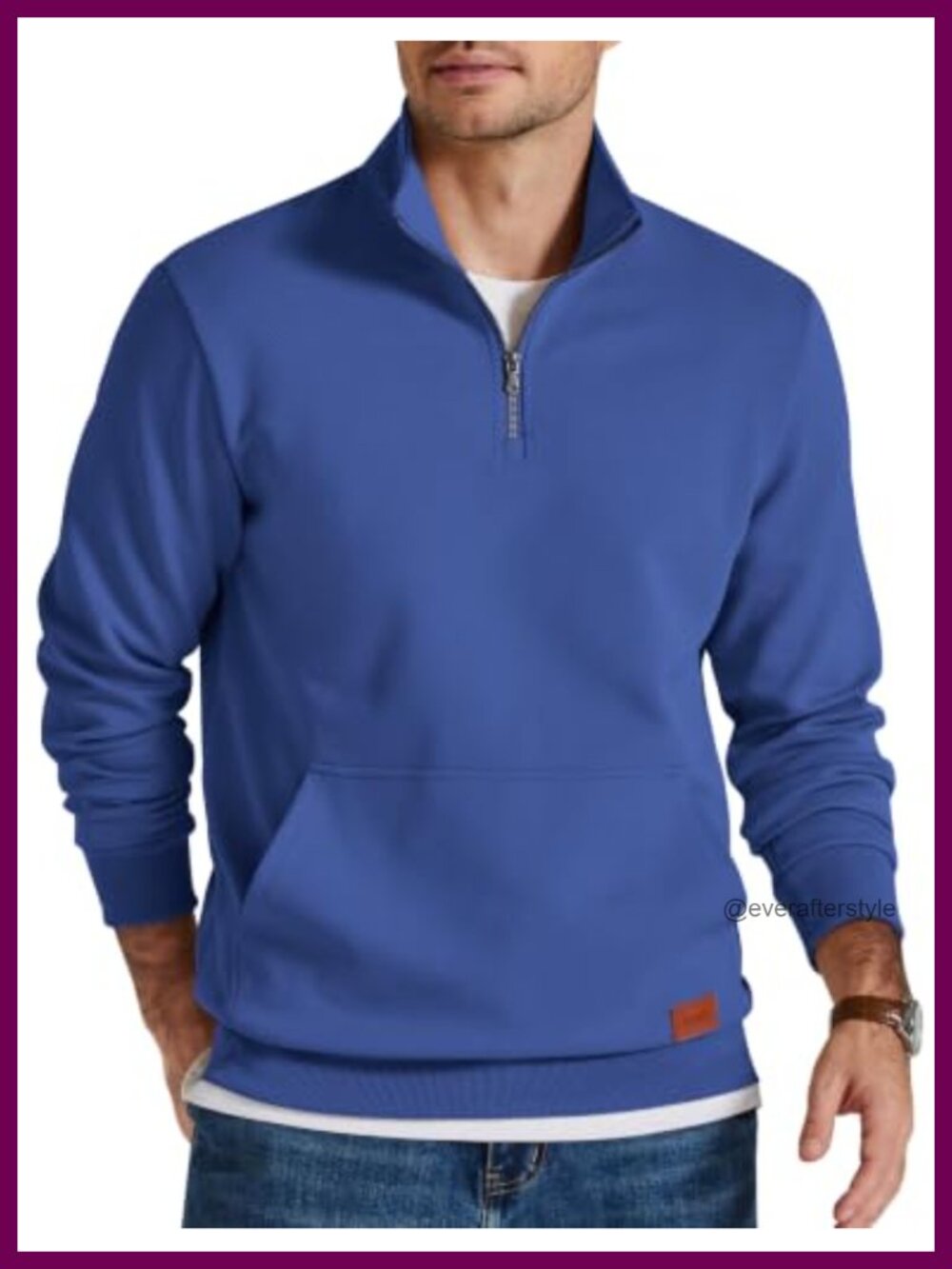 Quilted Quarter Zip Mock Neck Pullover Kangaroo Pocket Sweatshirt Men